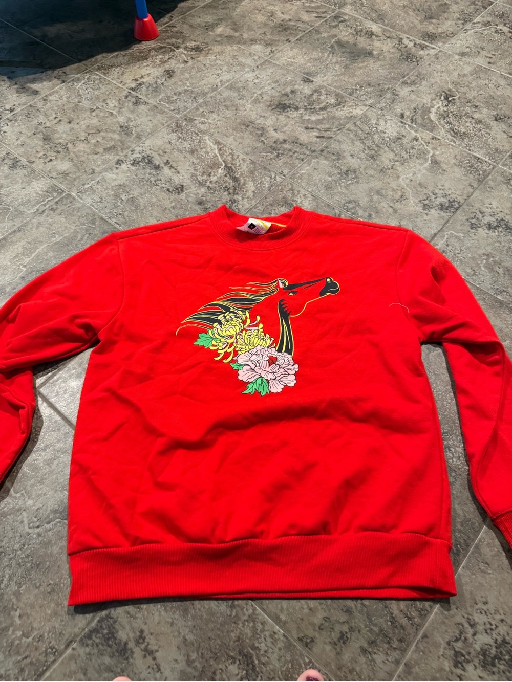 🍟NWOT Red Crewneck Sweatshirt lunar new year with Floral Horse Graphic